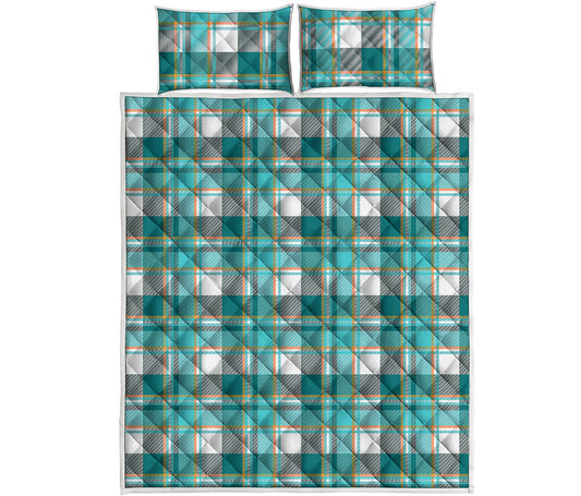 Teal Madras Pattern Print Quilt Bed Set