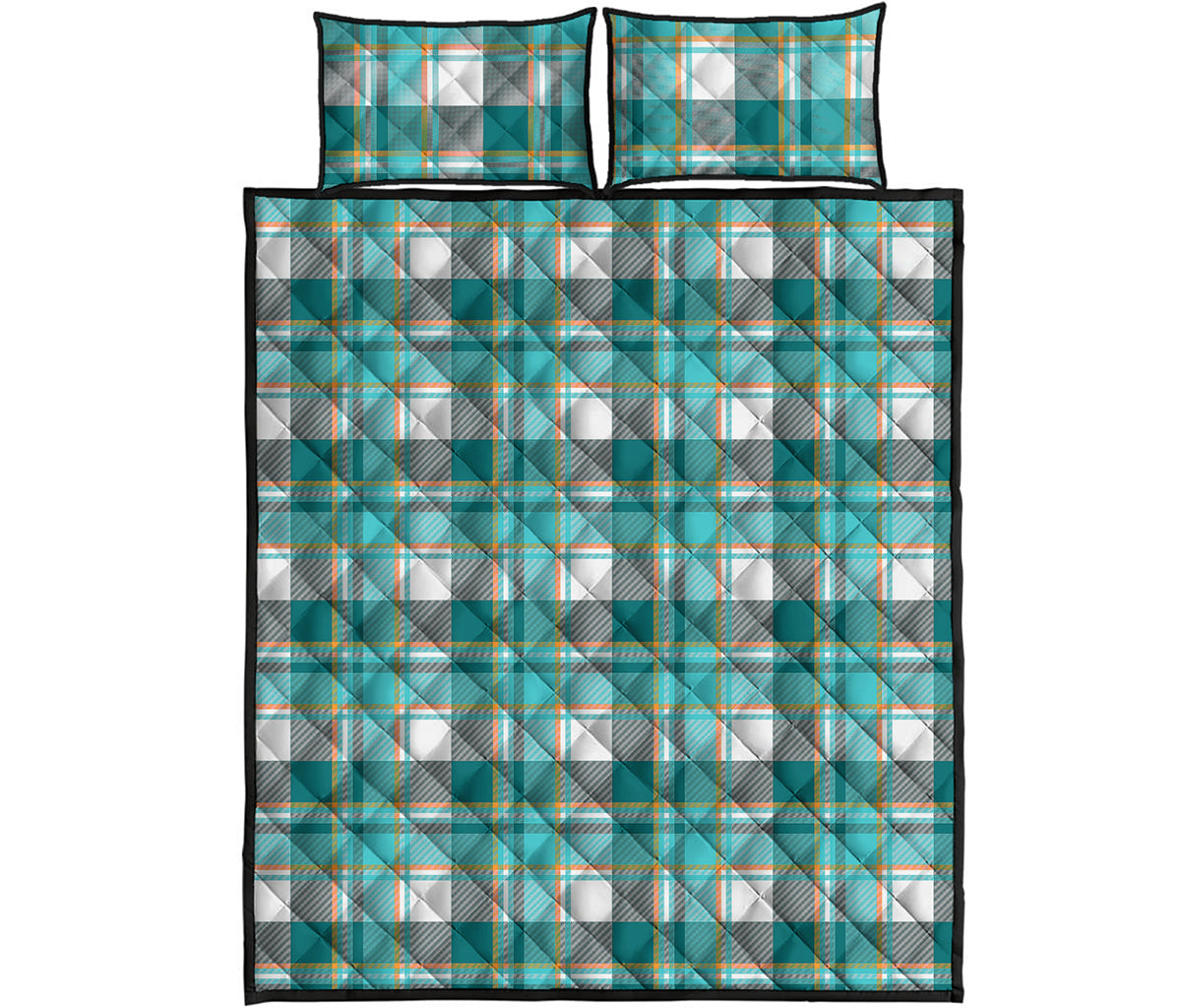 Teal Madras Pattern Print Quilt Bed Set