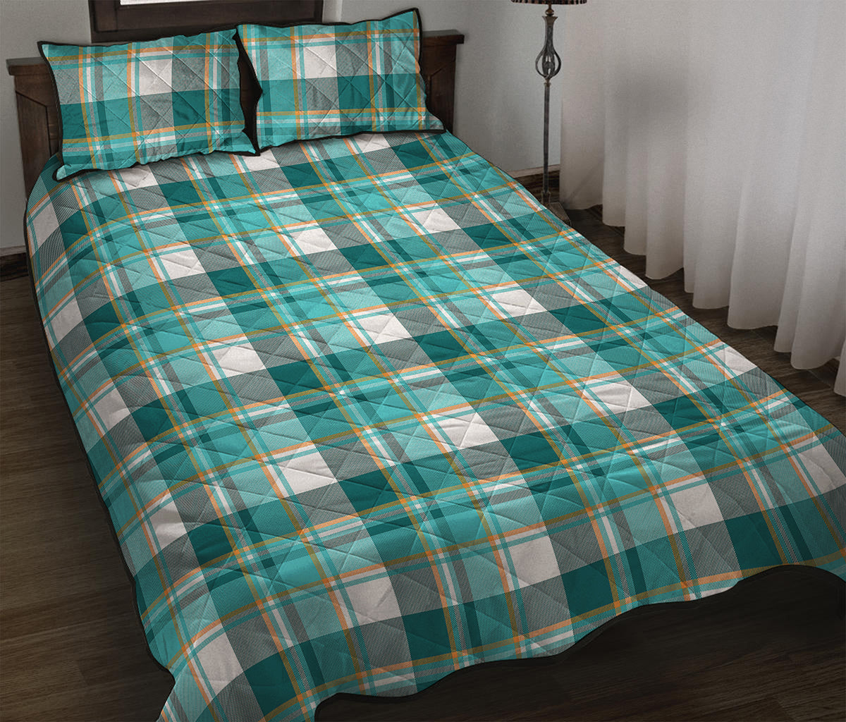 Teal Madras Pattern Print Quilt Bed Set