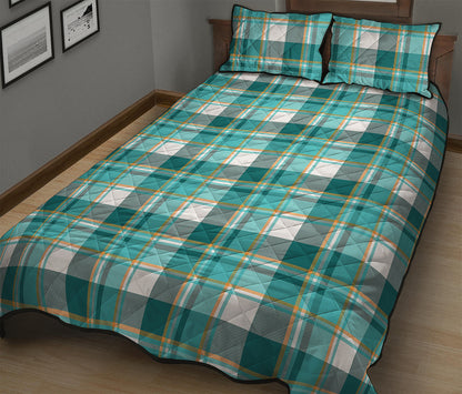 Teal Madras Pattern Print Quilt Bed Set
