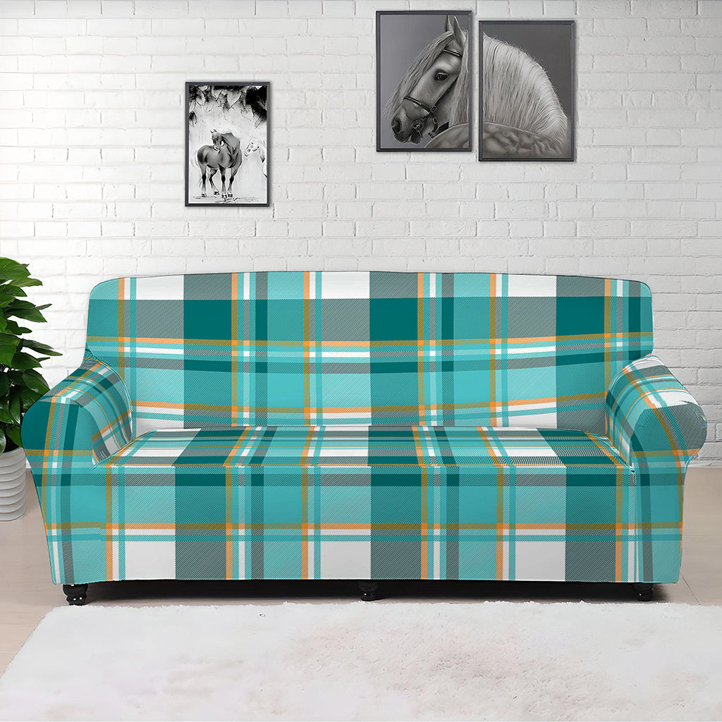 Teal Madras Pattern Print Sofa Cover