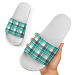Teal Madras Pattern Print White Slide Sandals