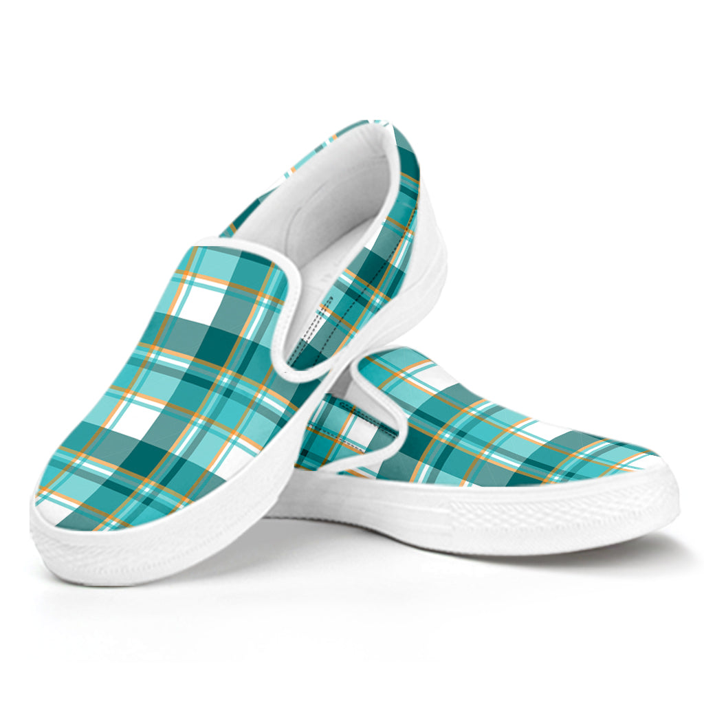 Teal Madras Pattern Print White Slip On Shoes