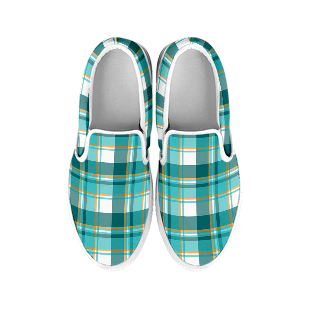 Teal Madras Pattern Print White Slip On Shoes