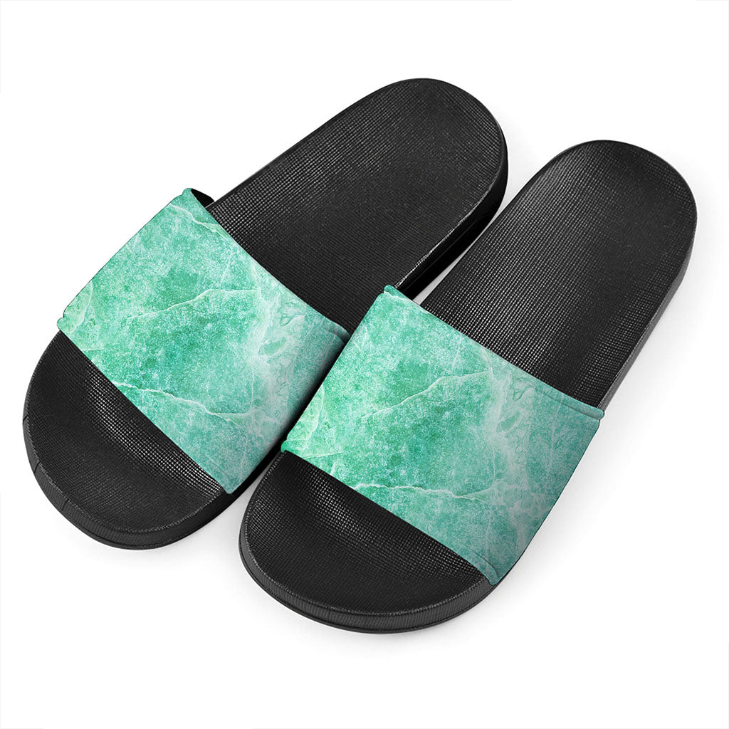 Teal Marble Print Black Slide Sandals
