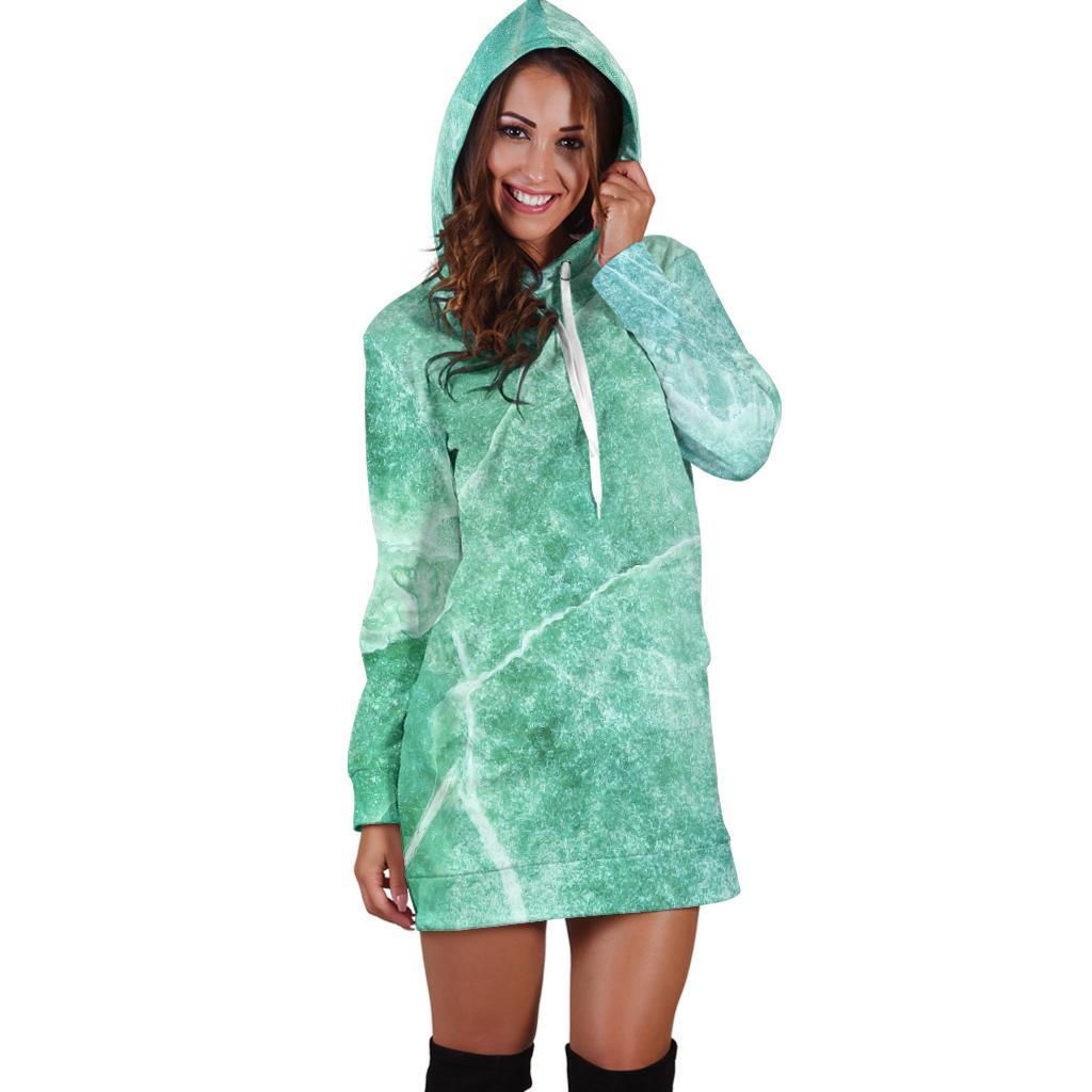 Teal Marble Print Hoodie Dress GearFrost