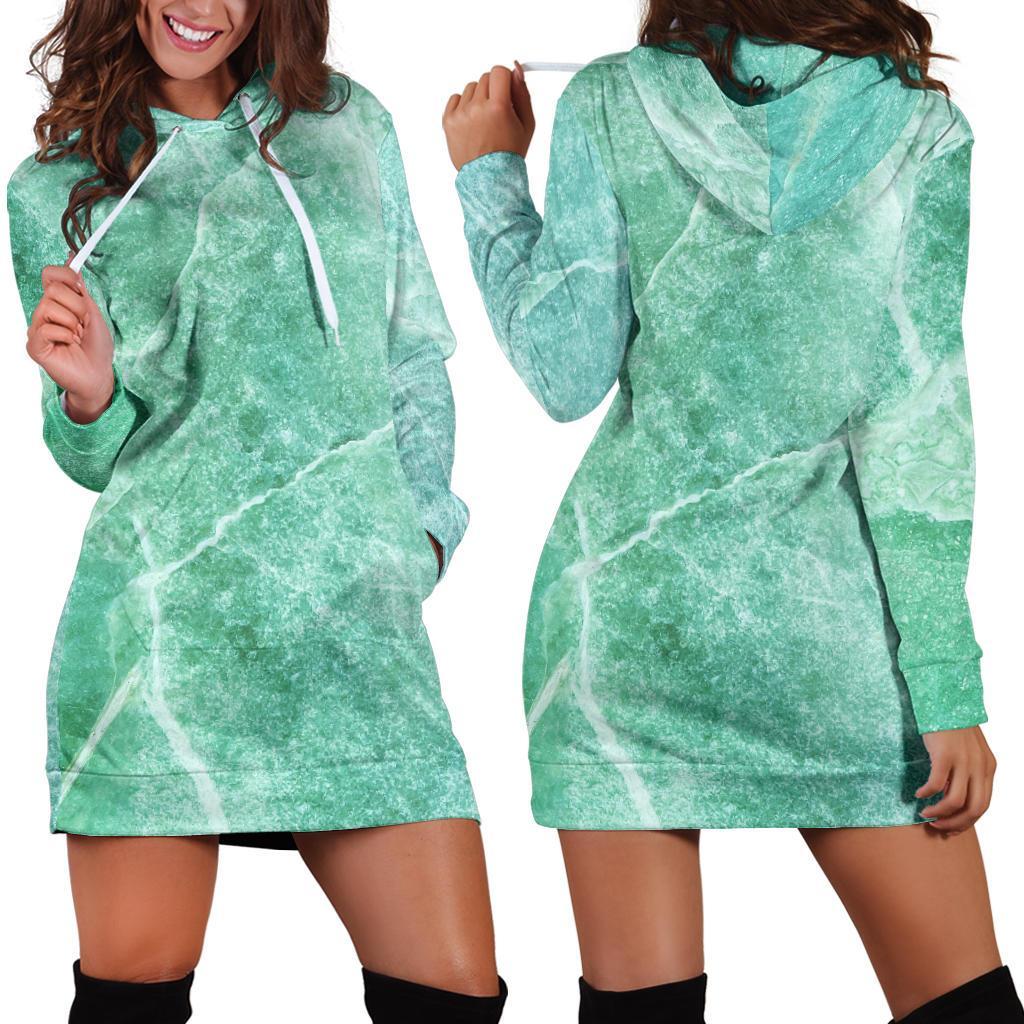 Teal Marble Print Hoodie Dress GearFrost
