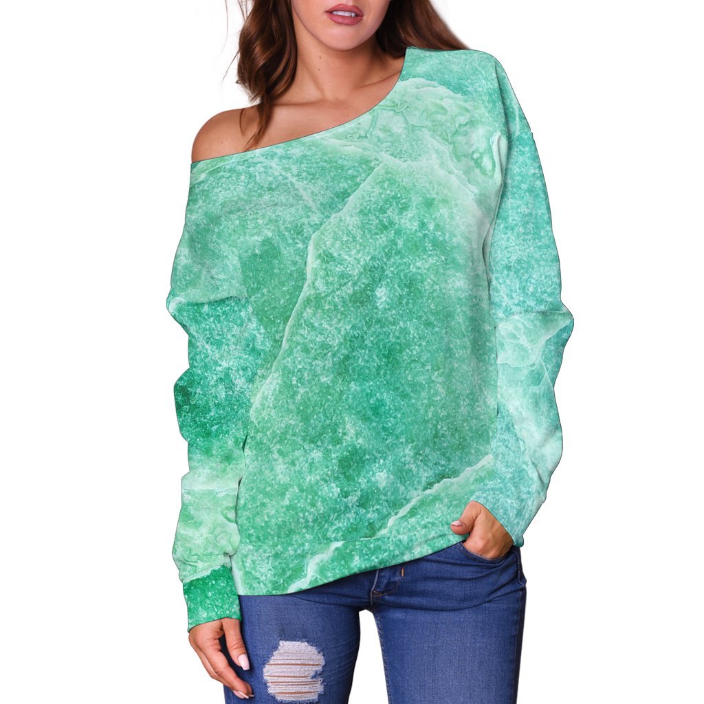 Teal Marble Print Off Shoulder Sweatshirt GearFrost