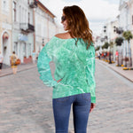 Teal Marble Print Off Shoulder Sweatshirt GearFrost