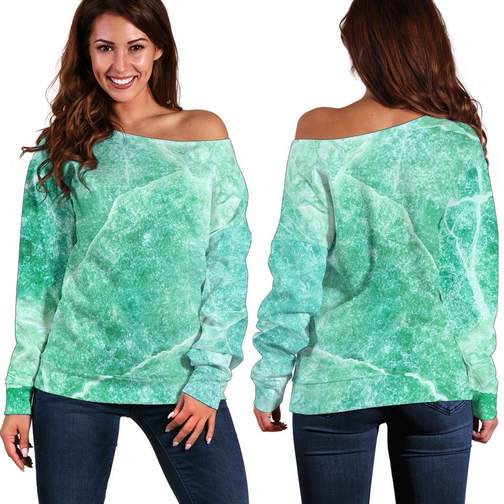 Teal Marble Print Off Shoulder Sweatshirt GearFrost