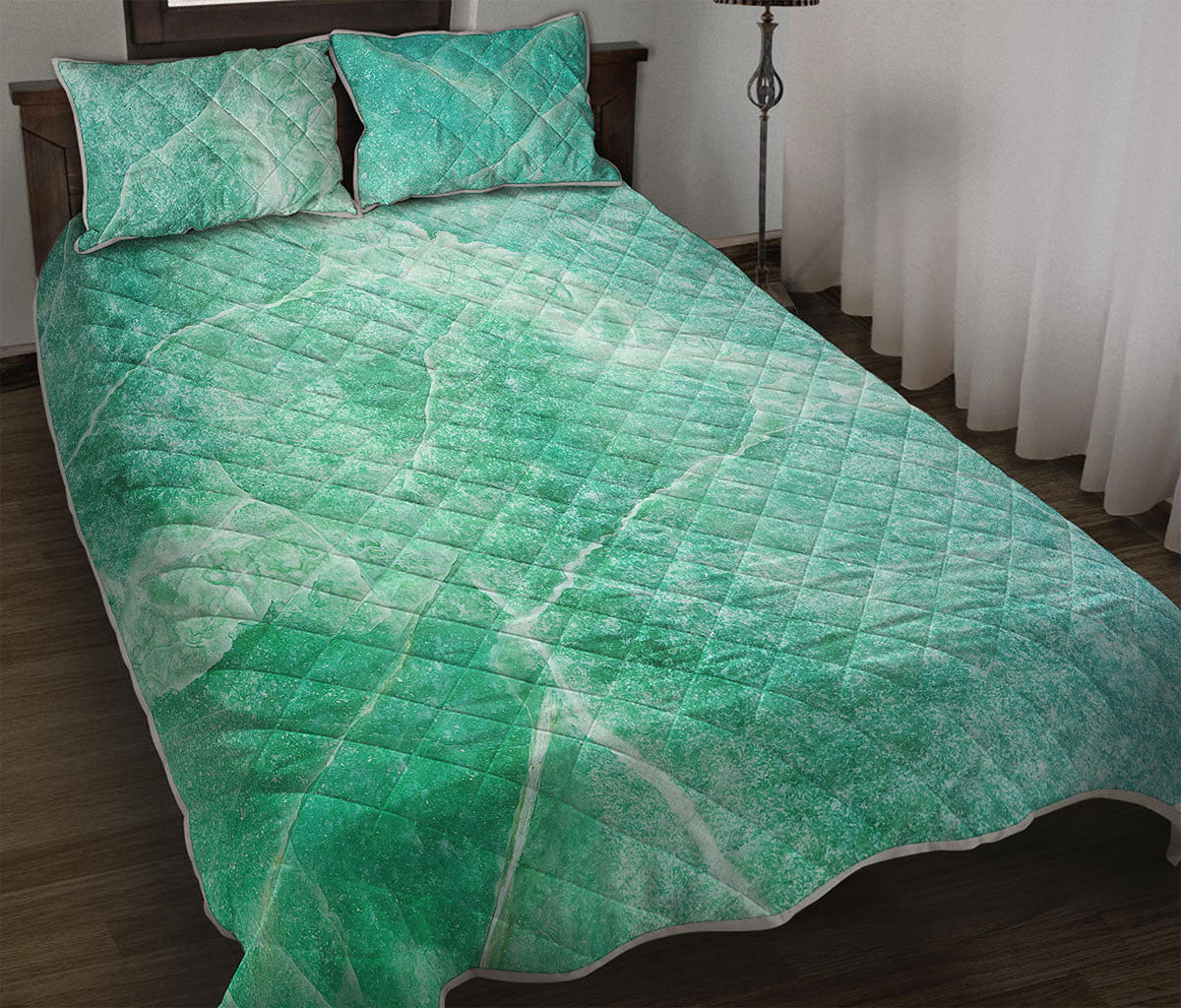 Teal Marble Print Quilt Bed Set