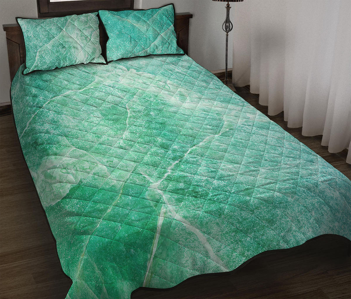Teal Marble Print Quilt Bed Set