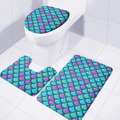 Teal Mermaid Scales Pattern Print 3 Piece Bath Mat Set