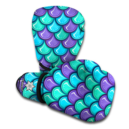 Teal Mermaid Scales Pattern Print Boxing Gloves