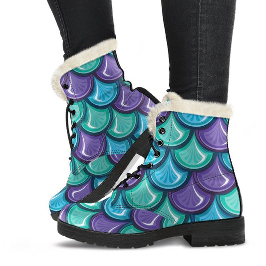 Teal Mermaid Scales Pattern Print Comfy Boots GearFrost