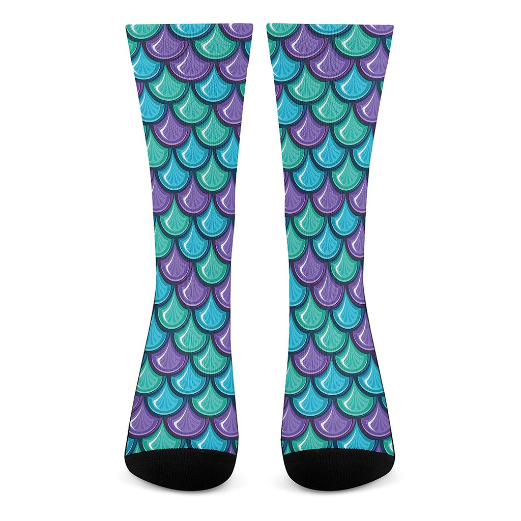 Teal Mermaid Scales Pattern Print Crew Socks