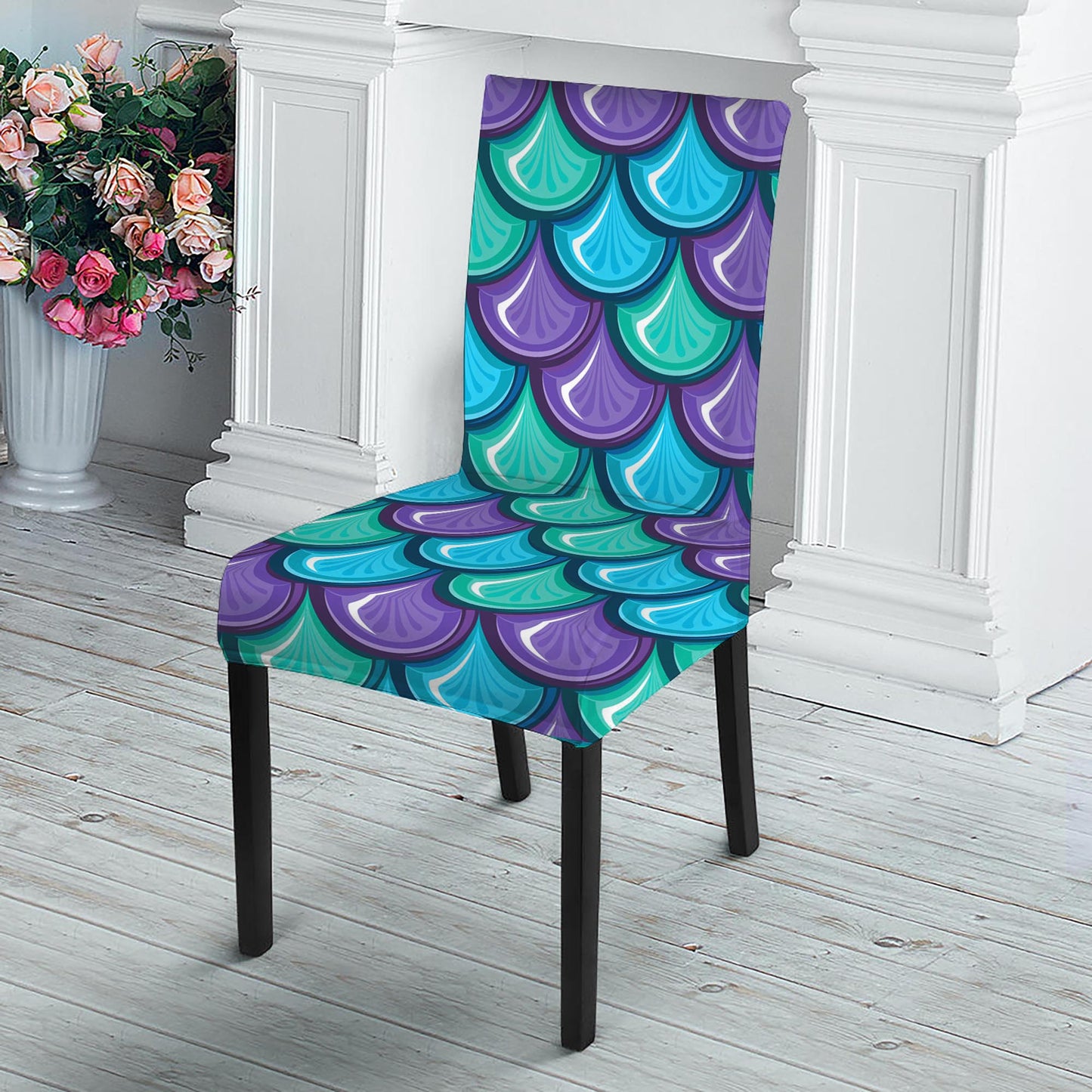 Teal Mermaid Scales Pattern Print Dining Chair Slipcover