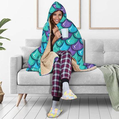 Teal Mermaid Scales Pattern Print Hooded Blanket