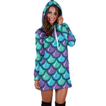 Teal Mermaid Scales Pattern Print Hoodie Dress GearFrost