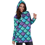 Teal Mermaid Scales Pattern Print Hoodie Dress GearFrost