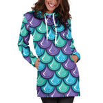 Teal Mermaid Scales Pattern Print Hoodie Dress GearFrost