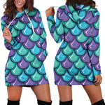 Teal Mermaid Scales Pattern Print Hoodie Dress GearFrost