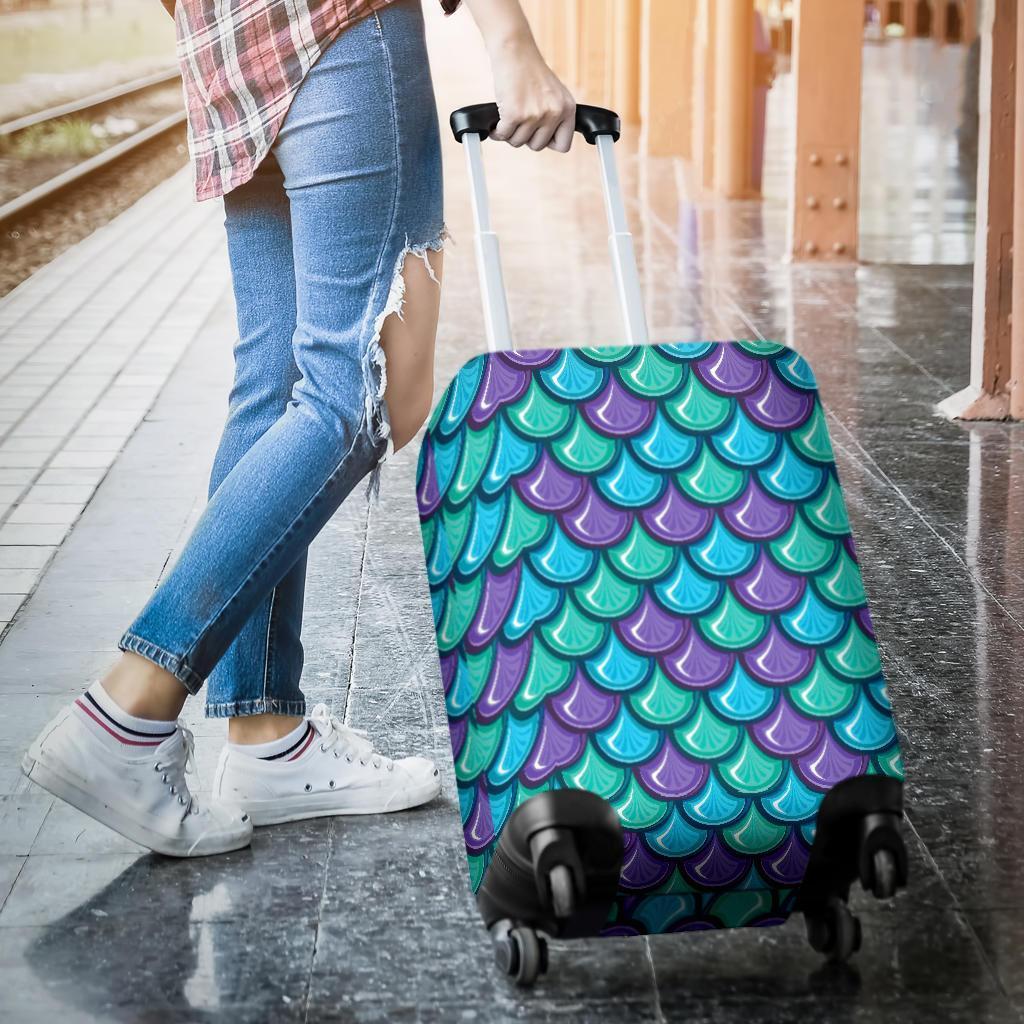 Teal Mermaid Scales Pattern Print Luggage Cover GearFrost
