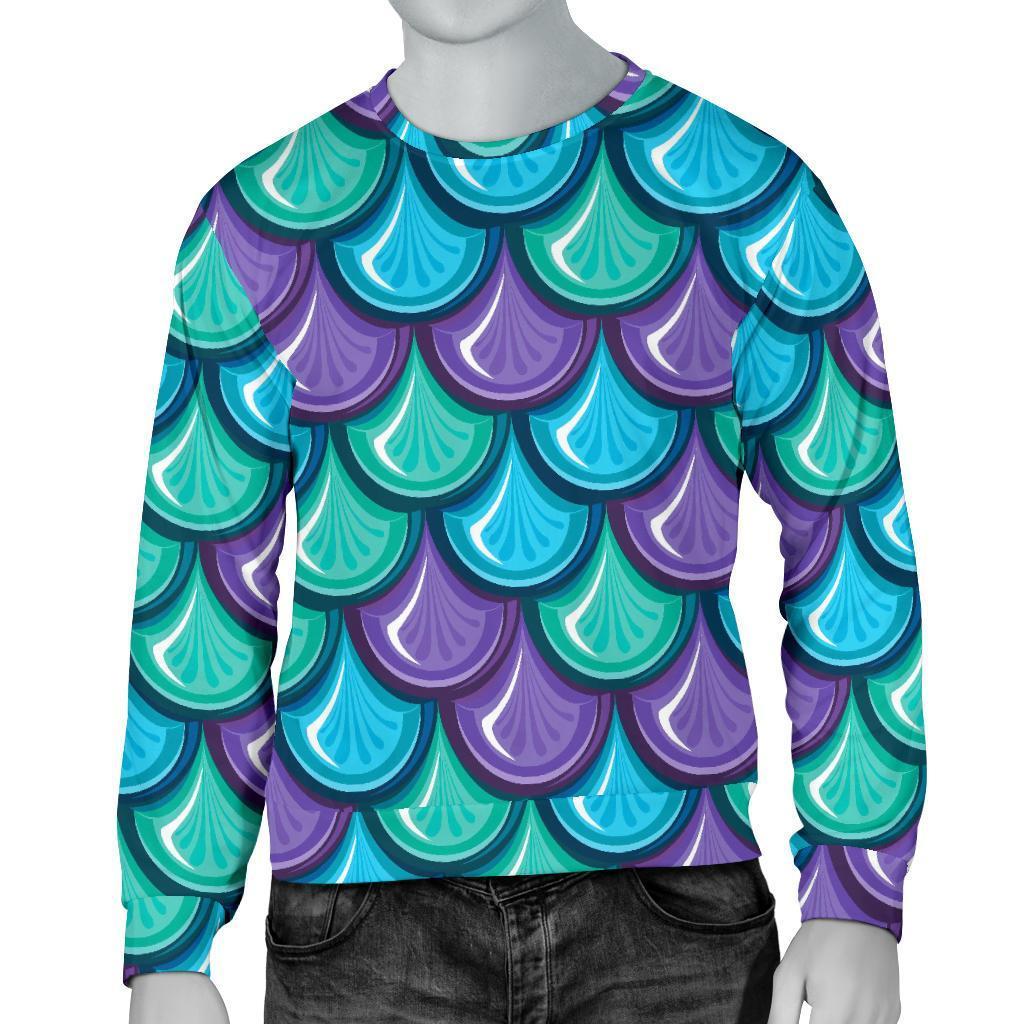 Teal Mermaid Scales Pattern Print Men's Crewneck Sweatshirt GearFrost
