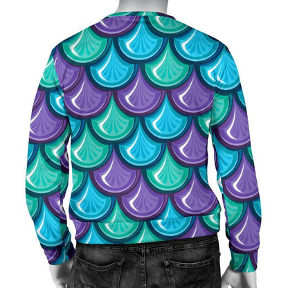 Teal Mermaid Scales Pattern Print Men's Crewneck Sweatshirt GearFrost