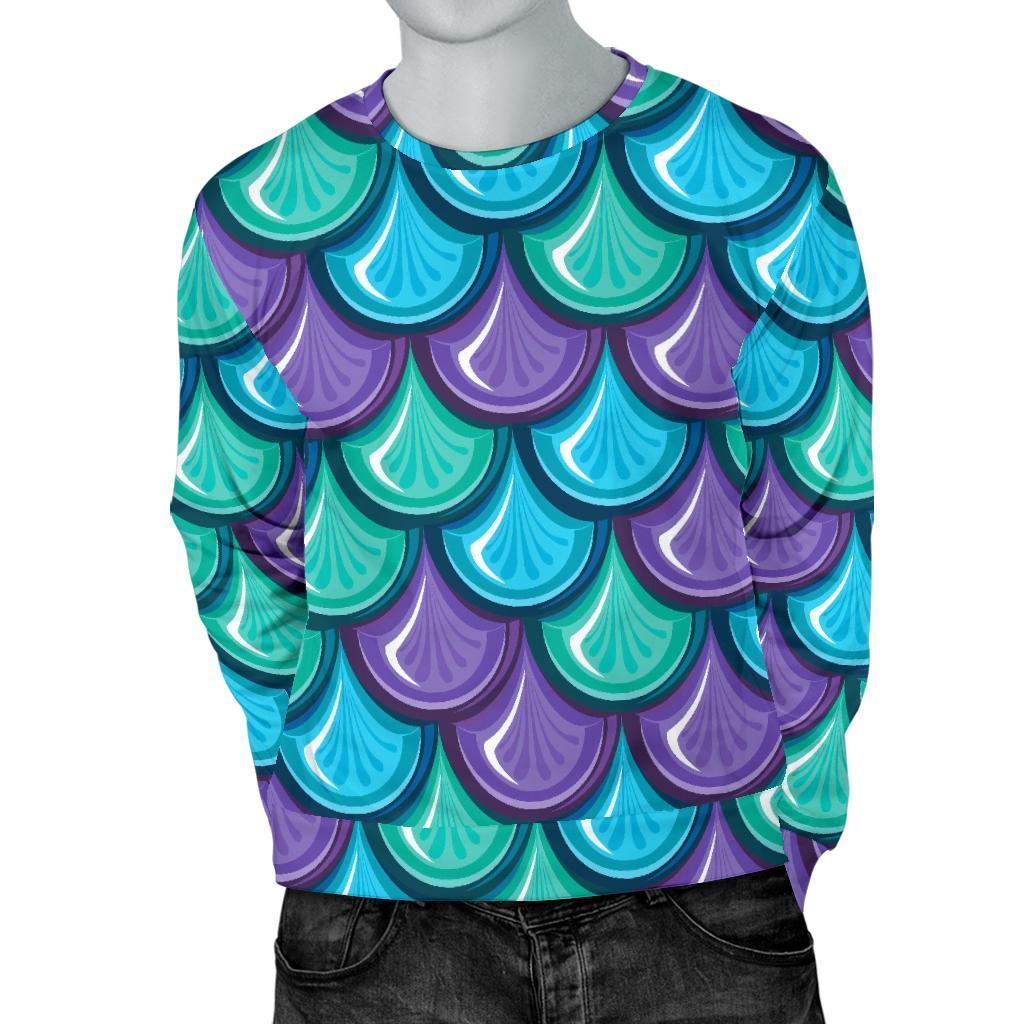 Teal Mermaid Scales Pattern Print Men's Crewneck Sweatshirt GearFrost