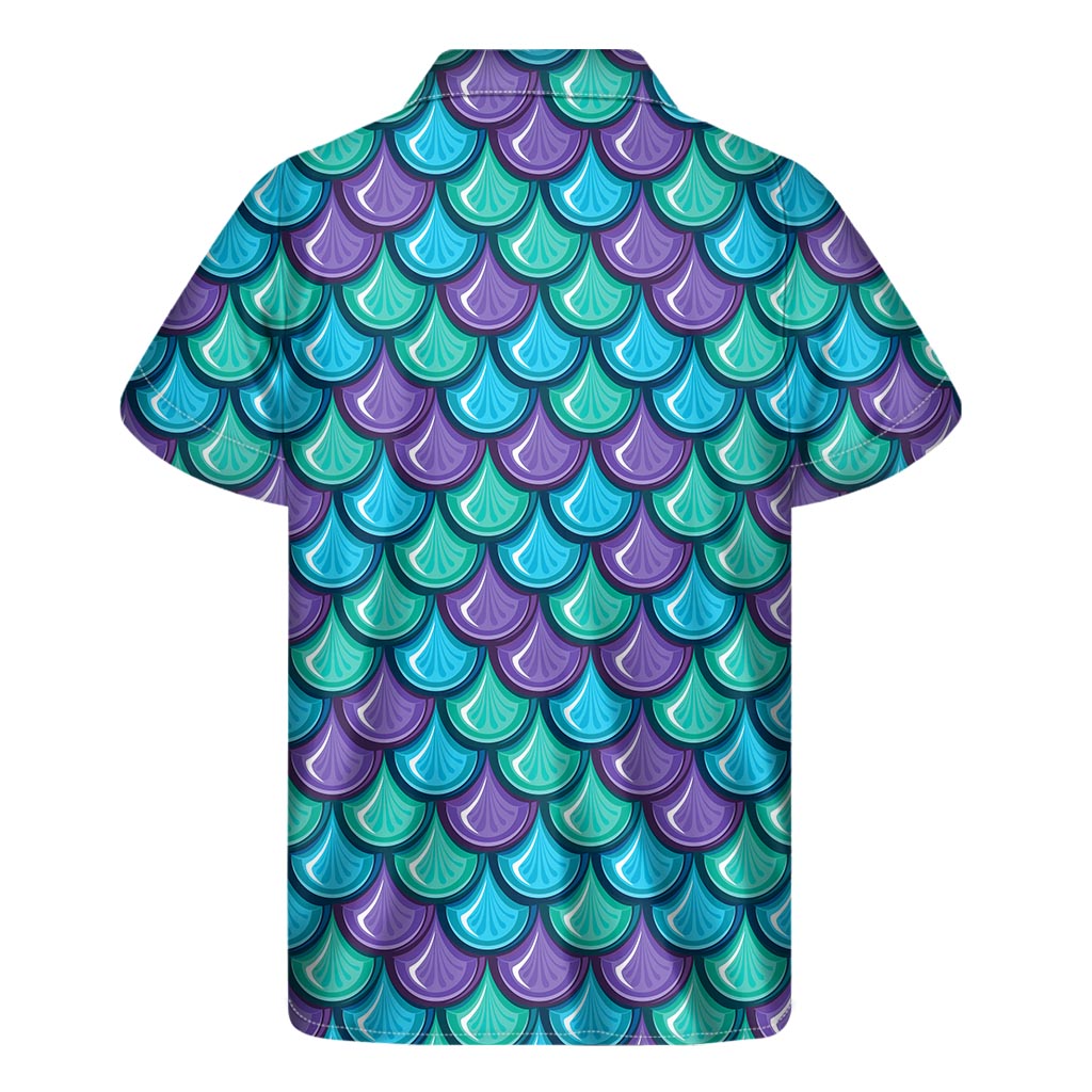 Teal Mermaid Scales Pattern Print Men's Short Sleeve Shirt