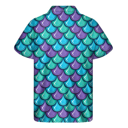 Teal Mermaid Scales Pattern Print Men's Short Sleeve Shirt
