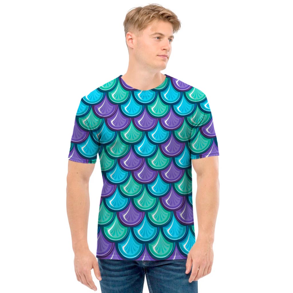 Teal Mermaid Scales Pattern Print Men's T-Shirt