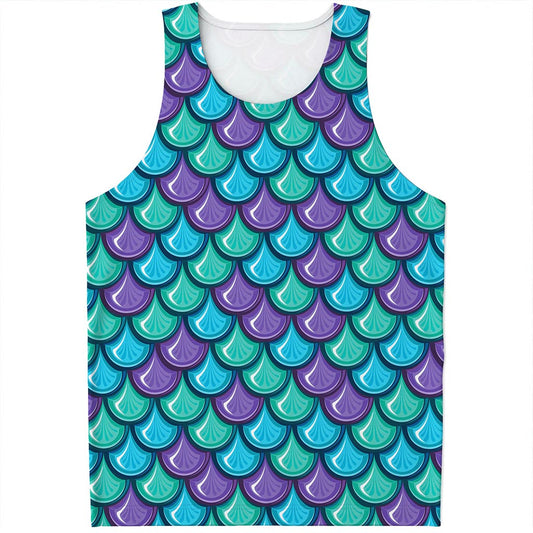 Teal Mermaid Scales Pattern Print Men's Tank Top