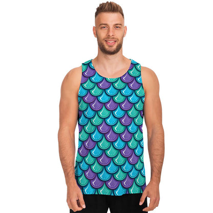 Teal Mermaid Scales Pattern Print Men's Tank Top