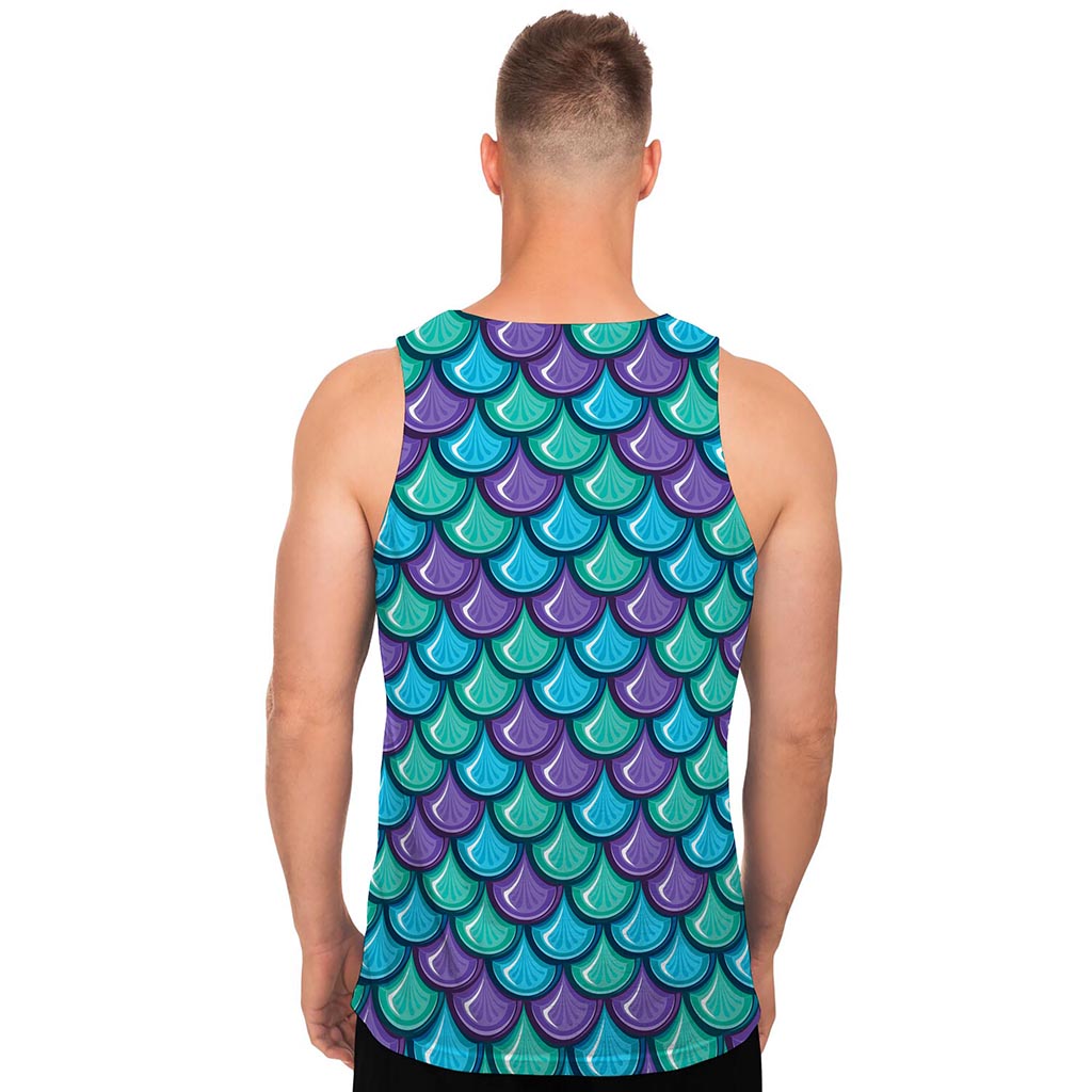 Teal Mermaid Scales Pattern Print Men's Tank Top