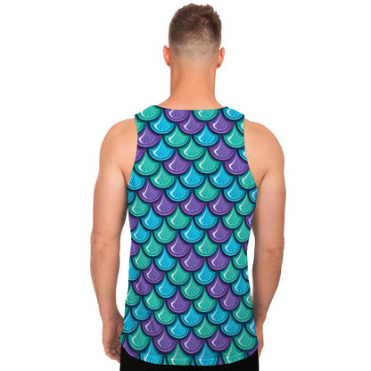 Teal Mermaid Scales Pattern Print Men's Tank Top