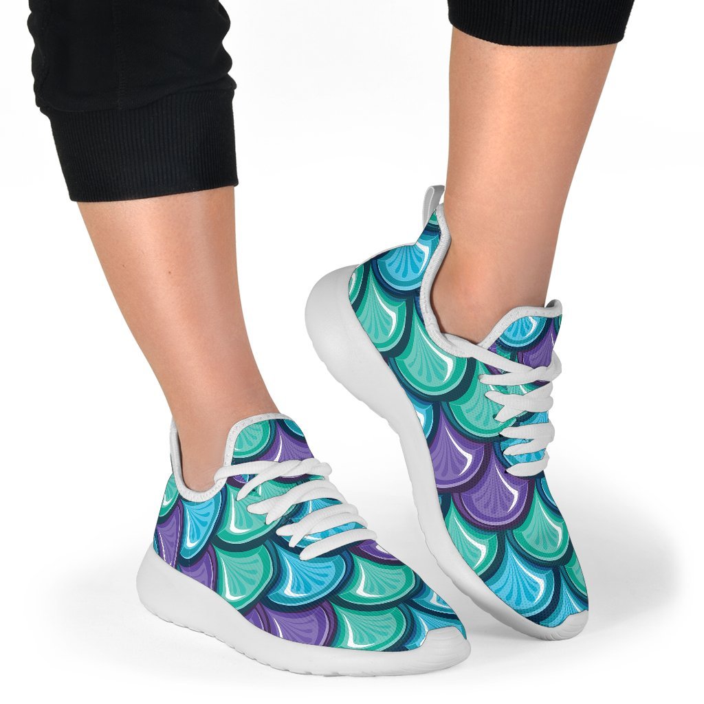 Teal Mermaid Scales Pattern Print Mesh Knit Shoes GearFrost