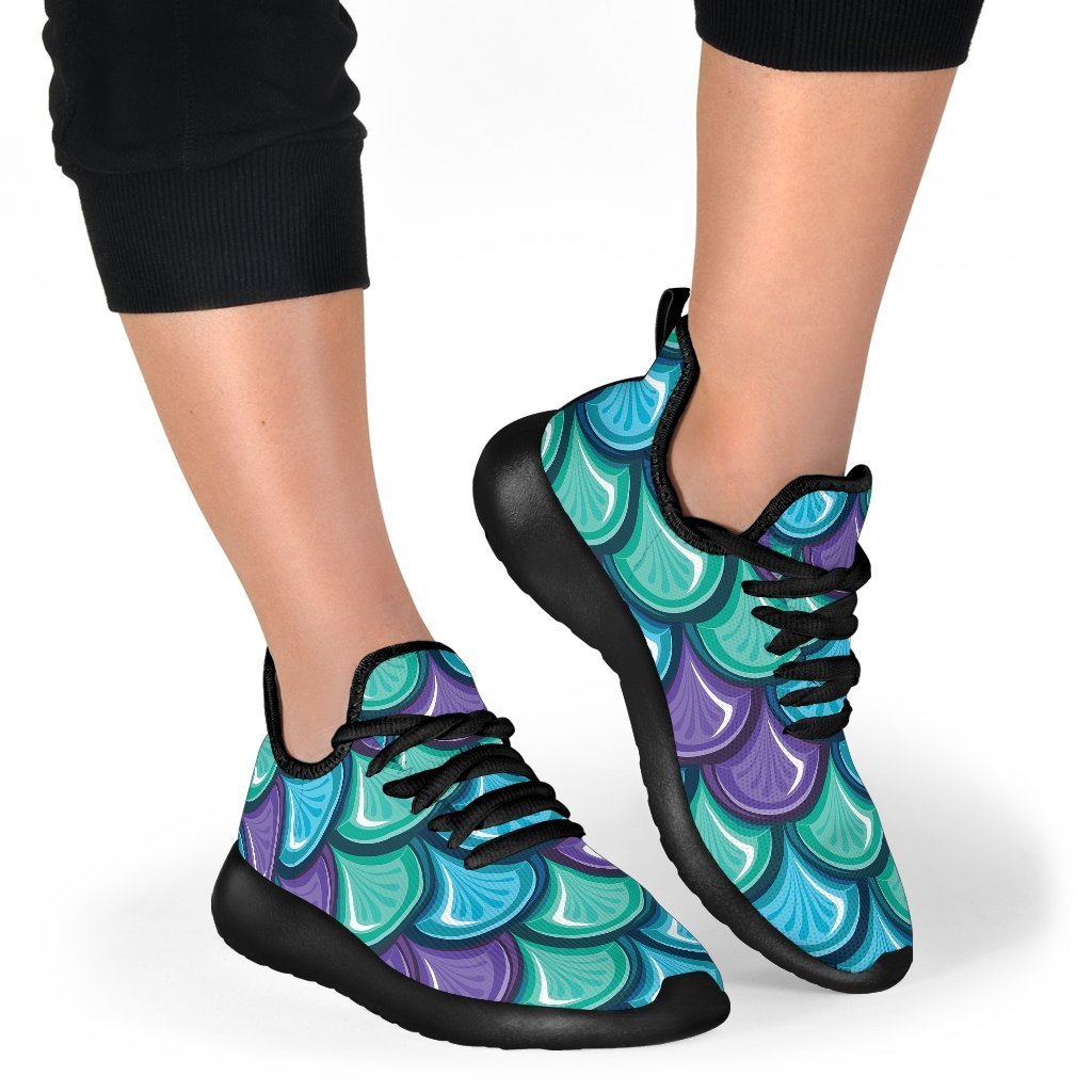 Teal Mermaid Scales Pattern Print Mesh Knit Shoes GearFrost