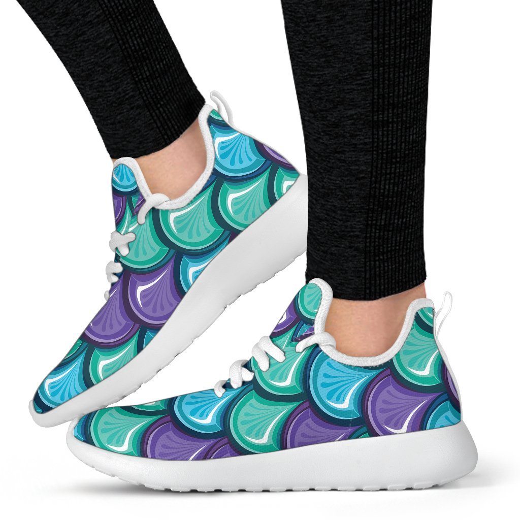 Teal Mermaid Scales Pattern Print Mesh Knit Shoes GearFrost