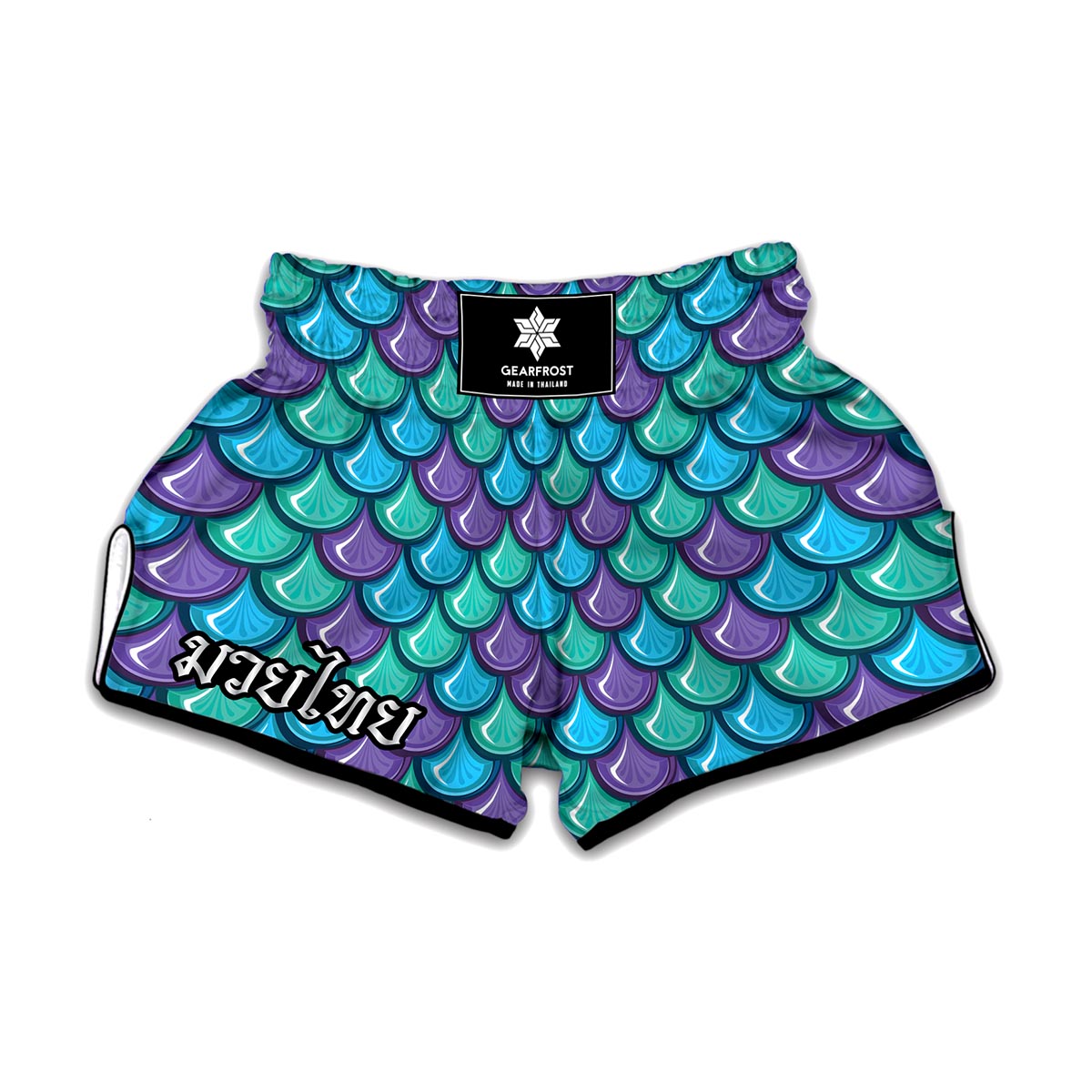 Teal Mermaid Scales Pattern Print Muay Thai Boxing Shorts