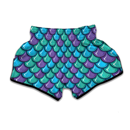Teal Mermaid Scales Pattern Print Muay Thai Boxing Shorts