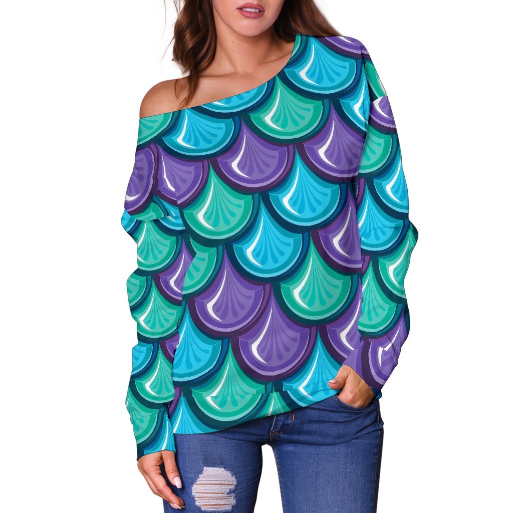 Teal Mermaid Scales Pattern Print Off Shoulder Sweatshirt GearFrost