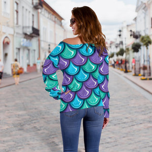 Teal Mermaid Scales Pattern Print Off Shoulder Sweatshirt GearFrost