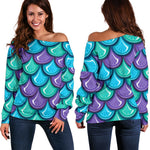 Teal Mermaid Scales Pattern Print Off Shoulder Sweatshirt GearFrost