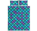 Teal Mermaid Scales Pattern Print Quilt Bed Set