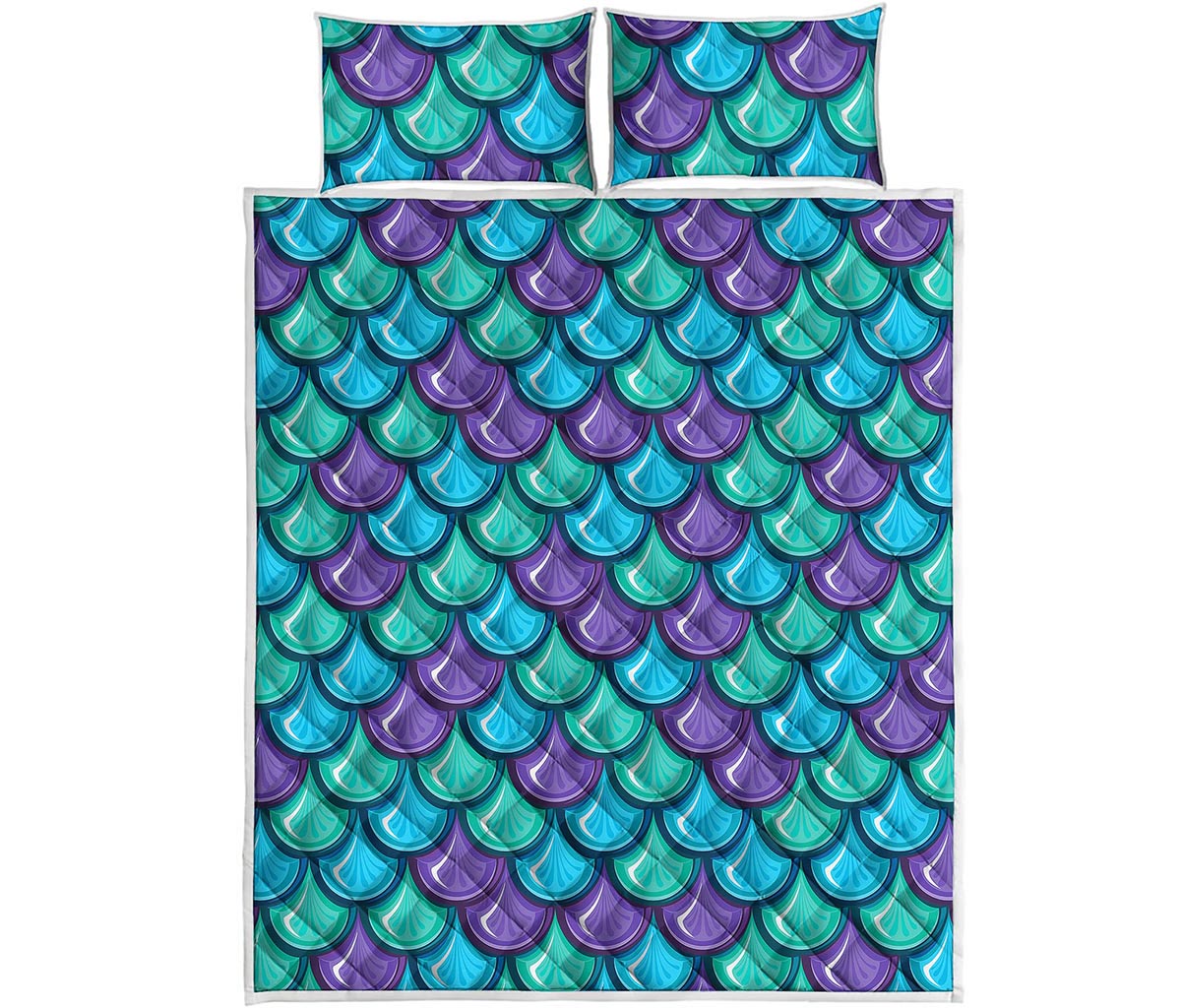 Teal Mermaid Scales Pattern Print Quilt Bed Set