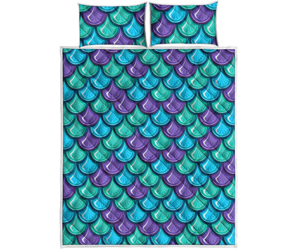 Teal Mermaid Scales Pattern Print Quilt Bed Set