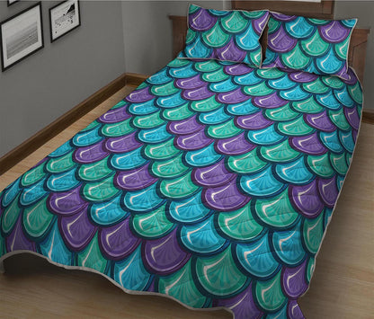 Teal Mermaid Scales Pattern Print Quilt Bed Set