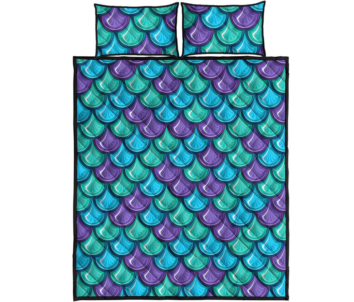 Teal Mermaid Scales Pattern Print Quilt Bed Set